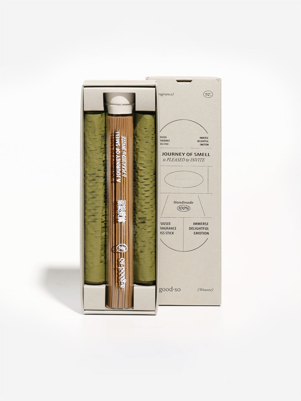 “Misty Moment incense eco-friendly packaging with elegant design in soft, earthy tones, reflecting the Fruity Sweet Moss Woody fragrance for a fresh, uplifting atmosphere.”