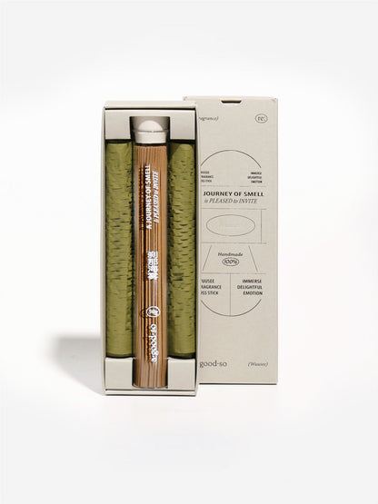 “Misty Moment incense eco-friendly packaging with elegant design in soft, earthy tones, reflecting the Fruity Sweet Moss Woody fragrance for a fresh, uplifting atmosphere.”