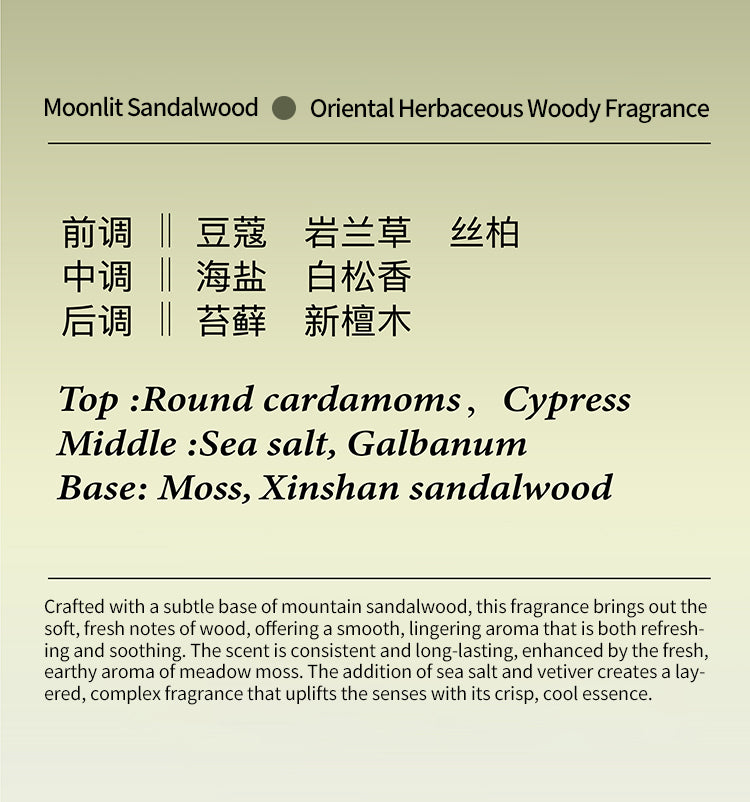 “Moonlit Sandalwood incense with a delicate base of mountain sandalwood, earthy meadow moss, sea salt, and vetiver, offering a refreshing, long-lasting, and soothing fragrance.”