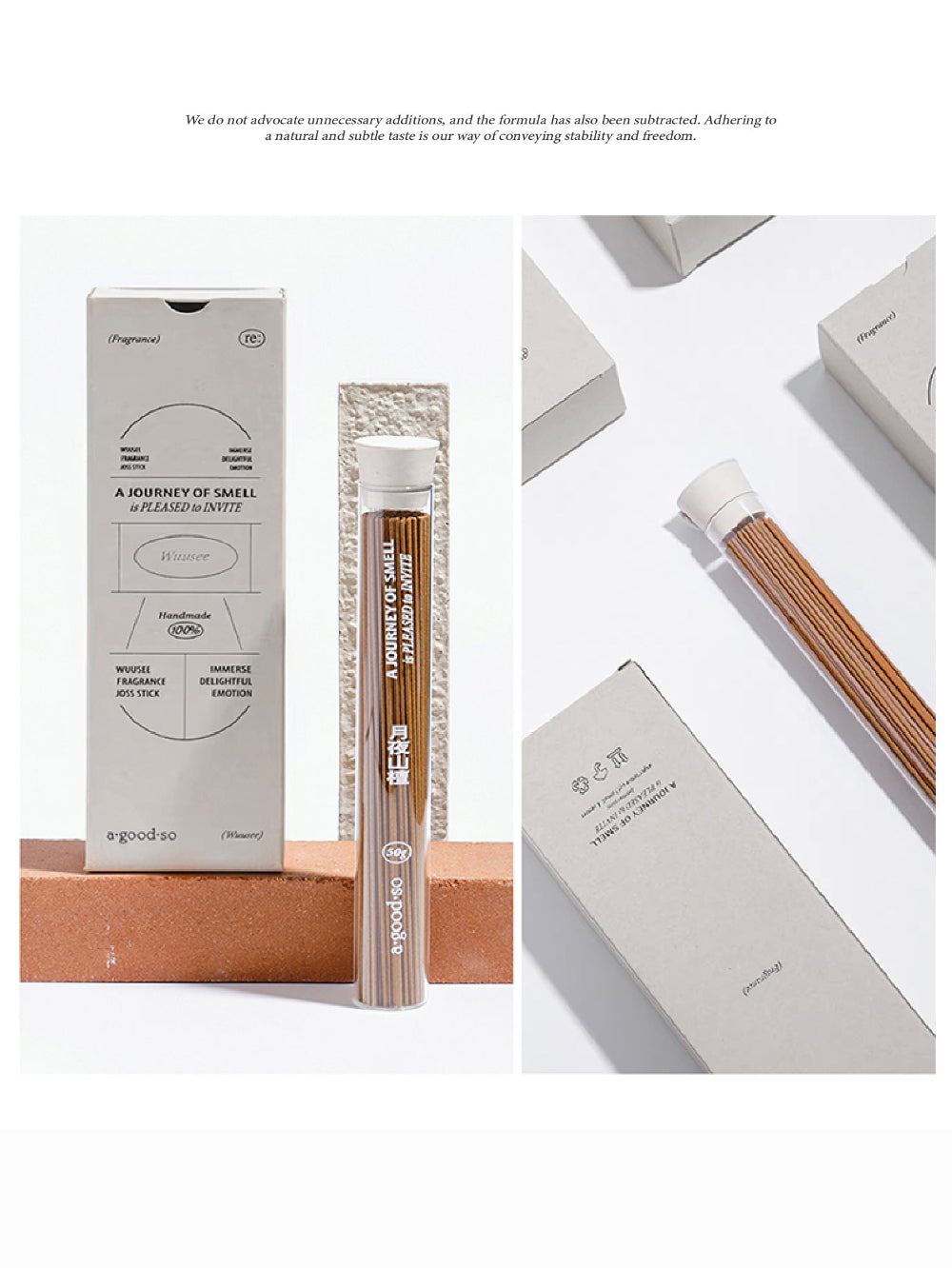 “Eco-friendly packaging of Moonlit Sandalwood incense by WUUSEE, featuring a sustainable design that reflects the natural, calming essence of the oriental herbaceous woody fragrance.”